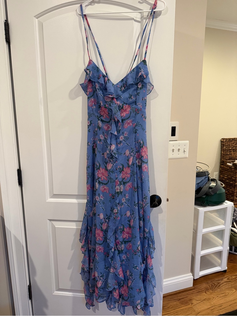 Floral Ruffle Strappy Blue Maxi Dress